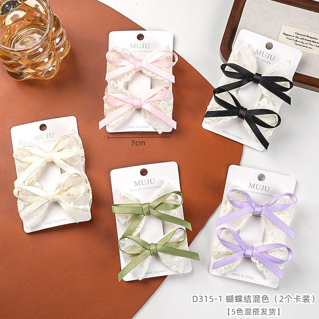 2 Card Hair Cards Elegant Girl Bow Hairpin Ribbon Hair Accessories Korean Style New Lace Side Bangs Clip