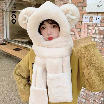 Winter Warm Plush Bear Hat, Scarf, Gloves, Hat, One-Piece Fleece-Lined and Thickeneded Three-Piece Set, Cute and Versatile Scarf