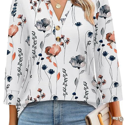 European and American Cross-Border Amazon Women's Plus Size Loose V-Neck Button Three-Quarter Sleeve T-Shirt Women's New Knitted Women's Clothing