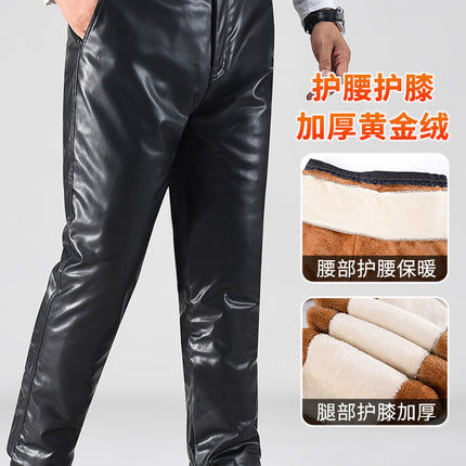 Men's Leather Pants with Velvet and Thickeneding, Winter Loose, Middle-aged and Elderly Men's Motorcycle Takeaway Waterproof, Windproof and Warm Leather Pants