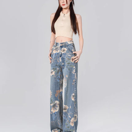 Vintage Printed Jeans for Women, Spring and Autumn New Design, Niche Loose Wide-Leg Floor-Length Pants, Trendy on Instagram