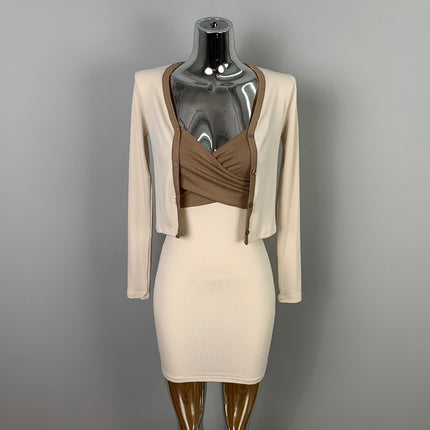 Han Li Dongdaemun Slim-fit Sexy Figure Contrast Color Bag Hip Sling Skirt Long Sleeve Cardigan Two-piece Suit for Women