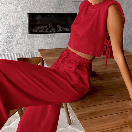Fashion Cotton Linen suit Women's 2024 Summer New Shoulder Pad Sleeveless Top Trousers Two-piece Set of European and American Casual