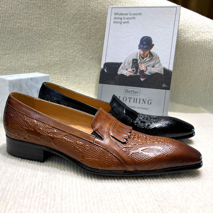 Shoes Men Original First-Layer Cowhide Men's Wedding Dress Shoes Elegant Tassel Slip-On Pointed Toe Loafers