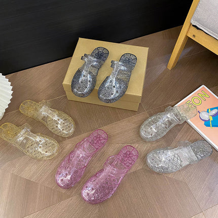 Princess Transparent Slippers Women's Outer Wear Summer New Hollow Flat Baotou Sandals and Slippers Bath Plastic Shoes