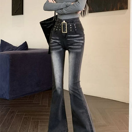 Vintage Gradient Flared Jeans for Women, Autumn Design, American Style, High-Waisted, Stretchy, Slim-Fit, Floor-Length Pants