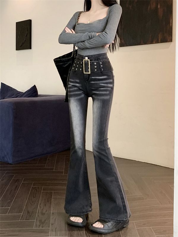 Vintage Gradient Flared Jeans for Women, Autumn Design, American Style, High-Waisted, Stretchy, Slim-Fit, Floor-Length Pants