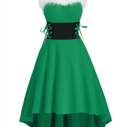 Cross-border foreign trade hot Christmas clothing bunny fur collar off-the-shoulder waist bow sling dress