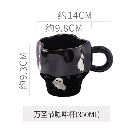 Creative Halloween-Themed Ceramic Cup and Saucer, Irregular Personalized Coffee Cup and Saucer with Pumpkin and Bat Patterns