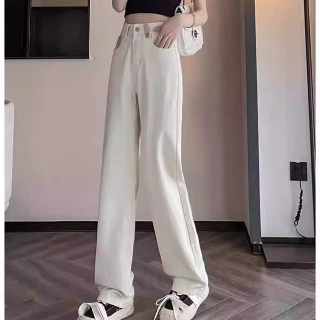 Straight Leg Jeans Women Creamy White Retro Blue High Waist Color Contrast Street Style XS-2XL Wholesale / Jean Droit Femme Blanc Crème Bleu Rétro Taille Haute Contraste Couleur Style Rue XS-2XL Gros