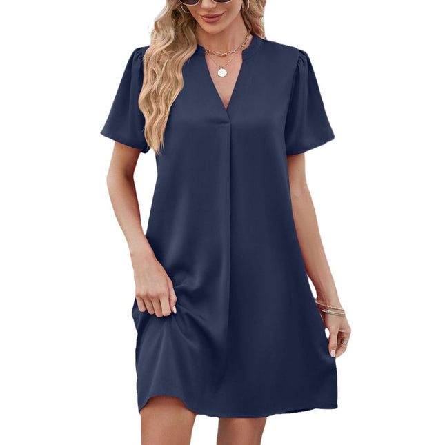 2025 Summer Cross-Border Amazon European and American New Satin Office Casual Loose Fashion V Neck Sexy Dress