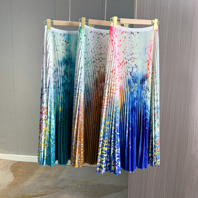 European-Style Early Autumn New Design Stylish Printed Pleated Skirt Set 2024 High-End Fashion Two-Piece Set for Women