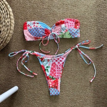 New European and American Sexy Tube Top Bikini suit Vacation Floral Ins Split Swimsuit with Chest Pad Spa Swimsuit