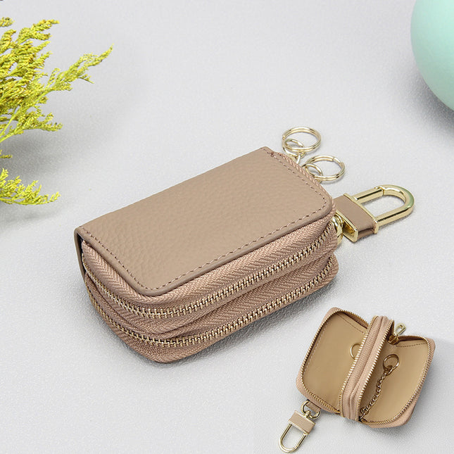 Foreign trade leather key bag matte big Li grain double zipper first layer cowhide car key bag universal key bag