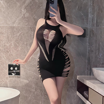 Sexy Black Silk Hip-Covering See-Through Mini Miniskirt Bed Temptation Fishnet Clothing Pure Lust Nightgown Cut Out Dress