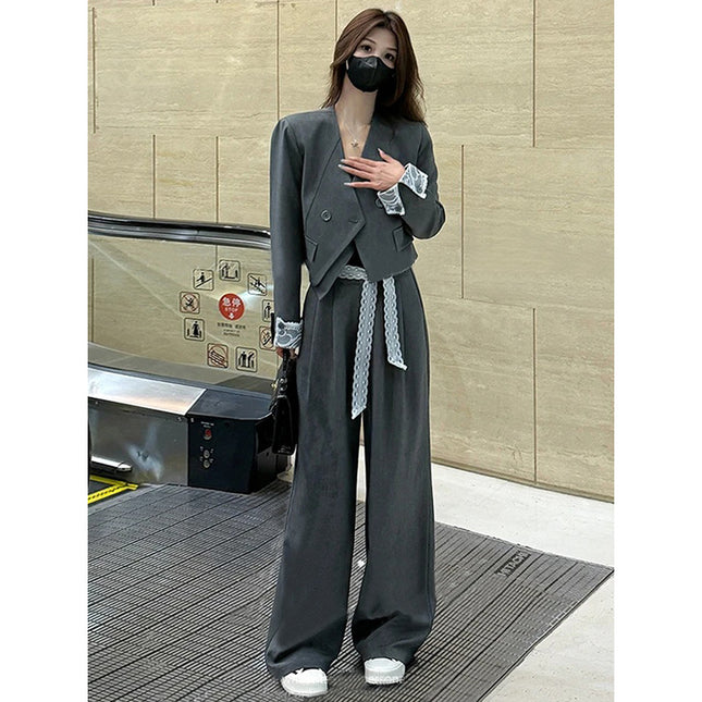 Women's Suit Set 2026 Spring New Style Lace Ribbon Cuff Blazer + Straight-Leg Pants Elegant Set