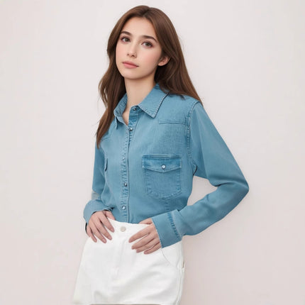 Vintage Green Denim Shirt for Women, Spring 2026, Stretchy Base Layer Top, Casual Versatile Layering Jacket