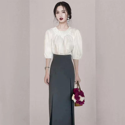 Cross-border 2024 summer new organ pleated neckline bubble sleeve top high waist pleated skirt two-piece suit