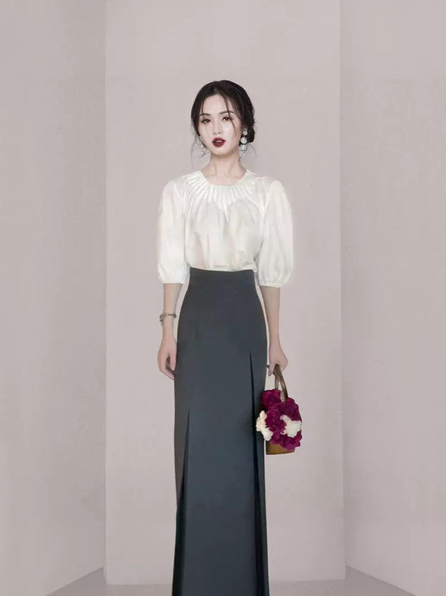 Cross-border 2024 summer new organ pleated neckline bubble sleeve top high waist pleated skirt two-piece suit
