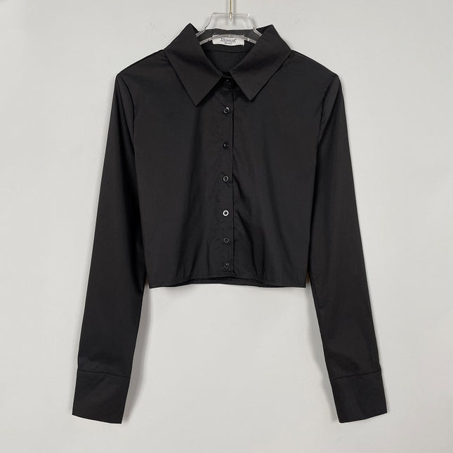 South Korea Dongdaemun New Slim-fit Slimming Sexy Feminine Figure Short Exposure Waist Long-sleeved Shirt Top for Women