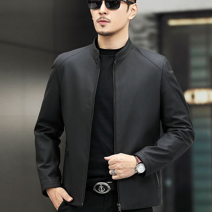Haining Leather Jacket Spring and Autumn New Thin Genuine Leather Jacket for Middle-aged Men's Mat-gloss Style Collar Casual Leather Jacket