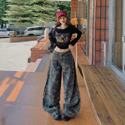 American High Street Camouflage Scimitar Wide-Leg Pants for Women 2025 Autumn and Winter New Loose High-Waist Slim Floor-Length Jeans