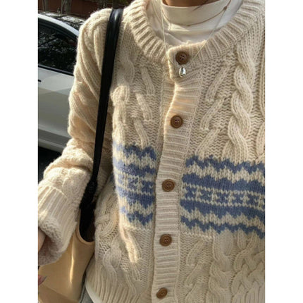 Contrast Jacquard Round Neck Twist Design Knitted Cardigan Autumn and Winter Lazy Style Niche Soft Waxy Sweater Three-piece Suit