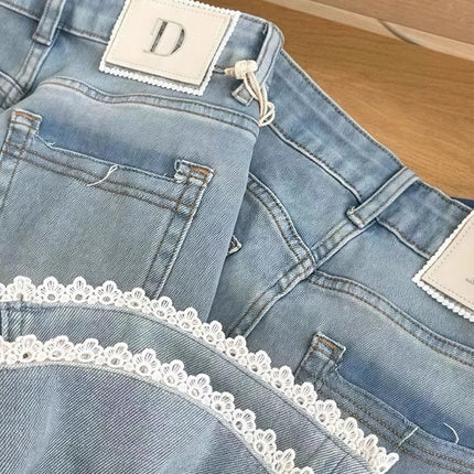 Light Blue Lace Splicing Jeans for Women Summer New Large Size Fat mm Pear-Shaped Figure High Waist Slim Straight Pants