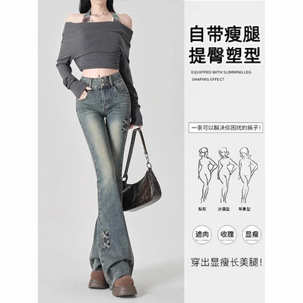 High-Waisted Flared Jeans for Women 2025 Summer Trendy Versatile Bow Design Slim Fit Flared Pants
