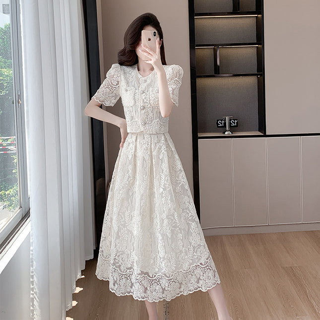 Cross-border new high-level socialite xiaoxiang style nail beads water-soluble lace short top high waist large swing skirt suit