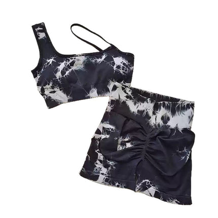 Seamless Fitness Suit High-Waisted Tie-Dye Women's Tight Peach Butt-Lifting Shorts European and American Quick-Drying One-Shoulder Bra Two-Piece Set