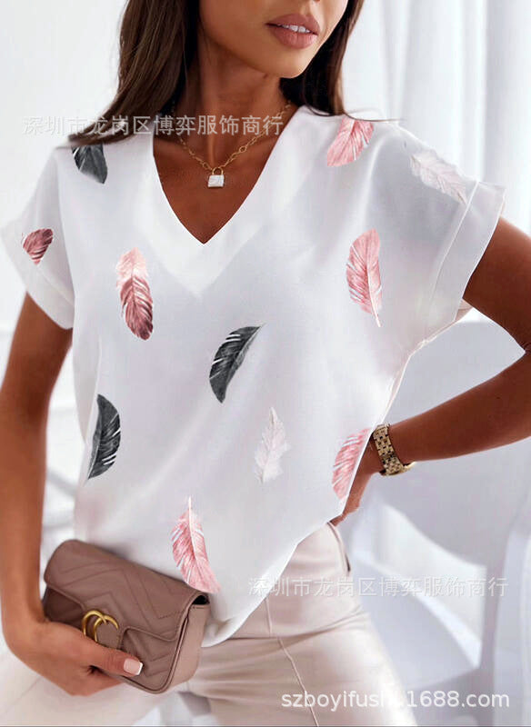 2023 New Hot Independent Station Loose V-neck Love Printed Short Sleeve T-Shirt for Women