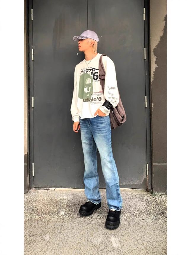 2025 Spring and Autumn American High Street Vintage light blue cleanfit Micro-Lar Jeans Trendy Brand Washed Pants for Men and Women