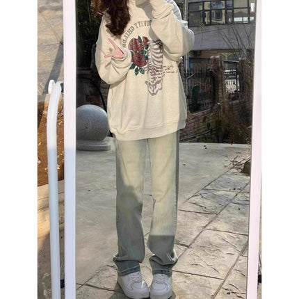 fleece-lined Thickened Wide-leg Jeans Women's Autumn and Winter Fashion All-match New High Waist Slimming Pendant Straight Casual Trousers