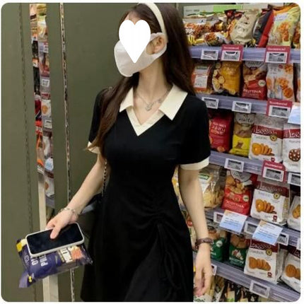 Green Collar Drawstring Dress Summer Women's Design Niche Slim Waist Slimming Casual Shirt Skirt