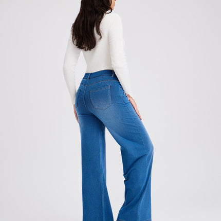 Spring and Summer New Style Fleece-Lined Thickened Denim Wide-Leg Pants for Women, High-Waisted Slimming with Button Pockets, Distressed Casual Pants
