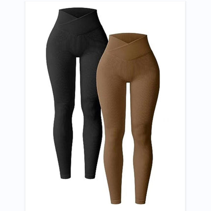 European and American Amazon 2023 yoga leggings ribbed high waist cross sports workout leggings casual trousers