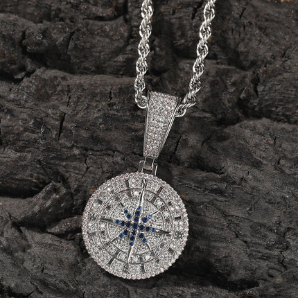 European and American hip-hop diamond-encrusted gold compass pendant necklace personality retro copper material pendant creative cross-border jewelry
