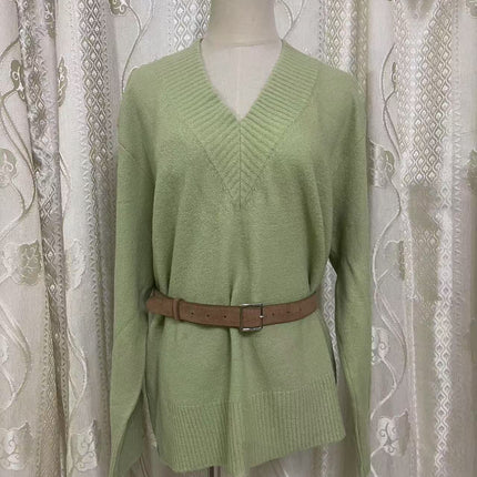 Ruohan with light green V-neck long sleeve sweater women's 2025 new design feeling lazy wind loose sweater