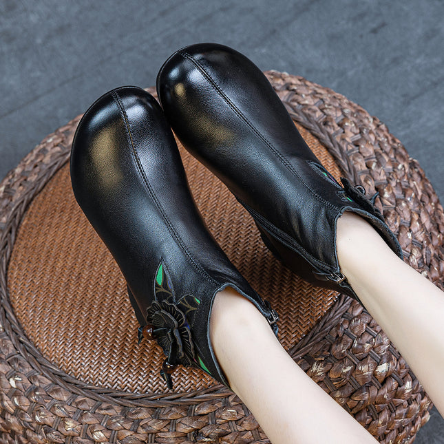 Genuine Leather Boots for Women 2025 Autumn and Winter New Style Thick Heel Soft Sole Fleece-Lined and Cotton Short Boots First Layer Cowhide Flower Women's Boots