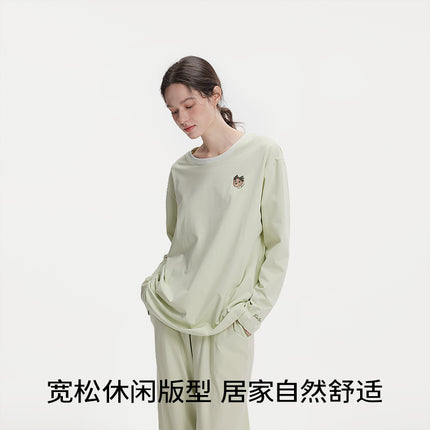 2025 Wholesale Pure Cotton Long-Sleeved Pajamas with Chest Pads, Solid Color, Girly Style, Spring and Summer Round Neck Sweet Home Wear