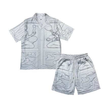 Foreign Trade Casual Hawaiian Beach Printed Short-Sleeved Shirt Cuban Collar European and American Retro Vacation Shorts Two-Piece Set