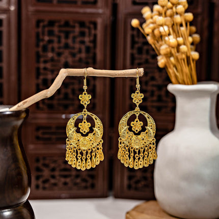 Ethnic Peacock Earrings Golden Bell Tassel Earrings Bohemian Leaf Pendant Scenic Earrings Wholesale