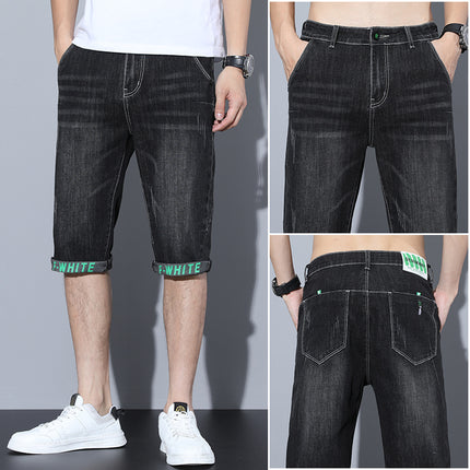 Men's Loose Straight Denim Shorts Summer Thin Cropped Pants Korean Style Trendy Slim Fit Stretch Casual 7-Point Pants