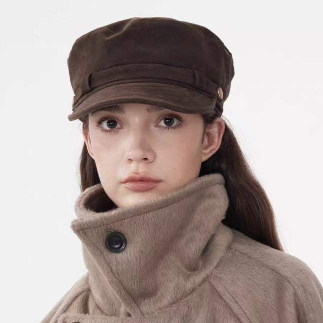 Retro British Style Newsboy Hat for Women, Suede Octagonal Hat, Fashionable Travel Face-Showing Small Fashionable Painter Hat