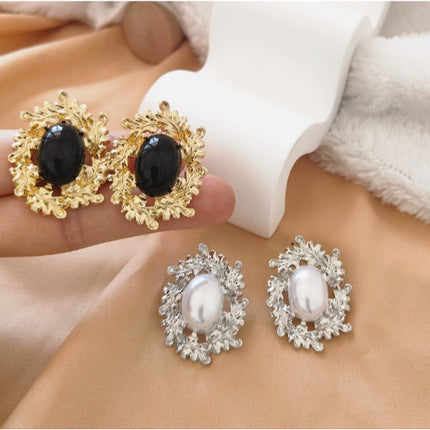 New Cross-border Exaggerated Elegant Big Pearl Leaf Baroque Earrings Korean Style Big Ear Studs European and American Vintage Earrings