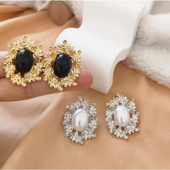 New Cross-border Exaggerated Elegant Big Pearl Leaf Baroque Earrings Korean Style Big Ear Studs European and American Vintage Earrings