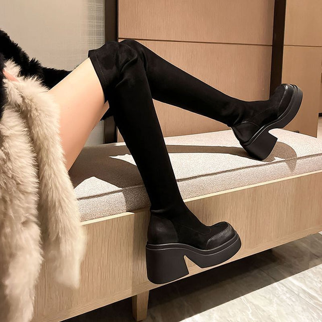 New Plus-Size Elastic Boots for Women, Slimming Over-The-Knee Boots with Thick Soles, New Style High Boots