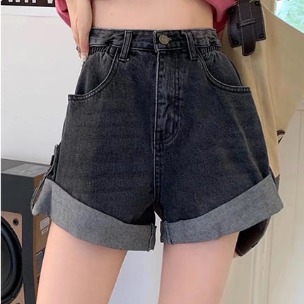 Personalized Versatile Curled Denim Shorts for Women Summer 2025 Pear-Shaped Figure High-Waisted Loose Slimming Thin Wide-Leg Shorts