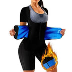 Pu blue waist-protecting short-sleeved jumpsuit / S